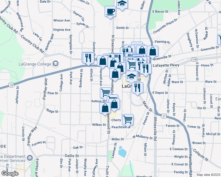 map of restaurants, bars, coffee shops, grocery stores, and more near 403 South Greenwood Street in LaGrange
