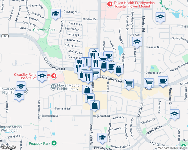 map of restaurants, bars, coffee shops, grocery stores, and more near 2701-2761 Farm to Market 1171 in Flower Mound