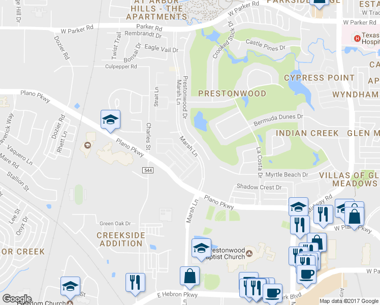 map of restaurants, bars, coffee shops, grocery stores, and more near 304 Marsh Lane in Plano