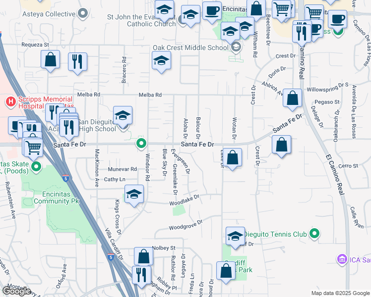 map of restaurants, bars, coffee shops, grocery stores, and more near 1229 Caminito Septimo in Encinitas