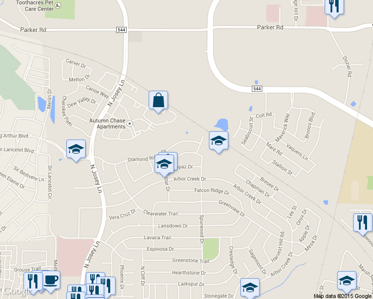 map of restaurants, bars, coffee shops, grocery stores, and more near 2021 Silverway Lane in Carrollton