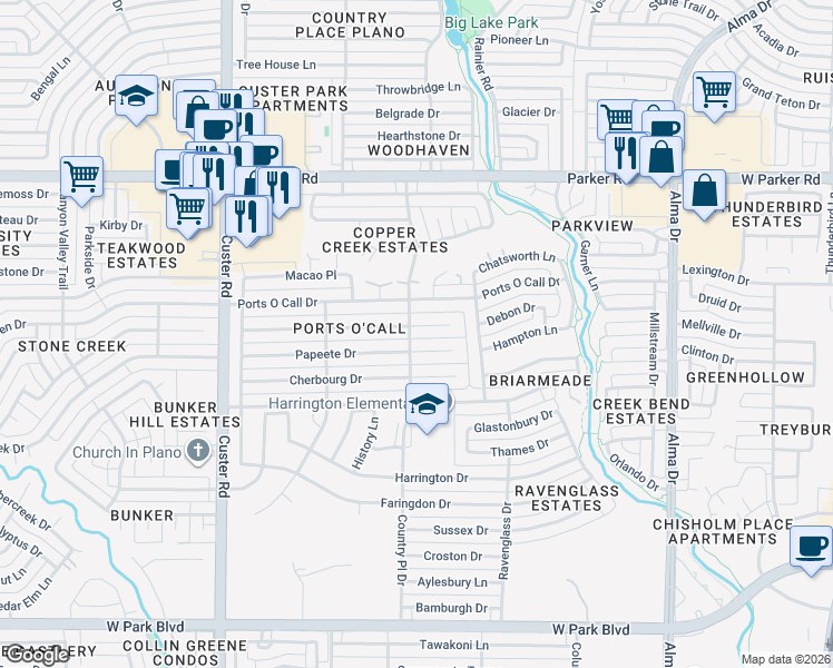 map of restaurants, bars, coffee shops, grocery stores, and more near 1536 Tampico Drive in Plano