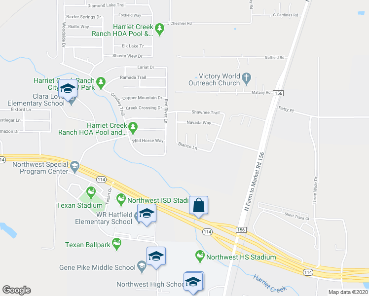 map of restaurants, bars, coffee shops, grocery stores, and more near 2020 Blanco Lane in Justin