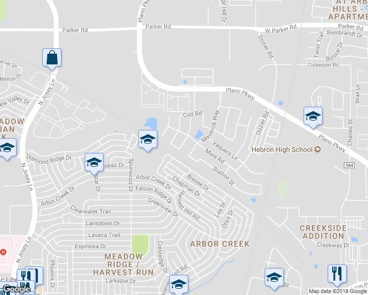 map of restaurants, bars, coffee shops, grocery stores, and more near 4608 Pony Avenue in Carrollton