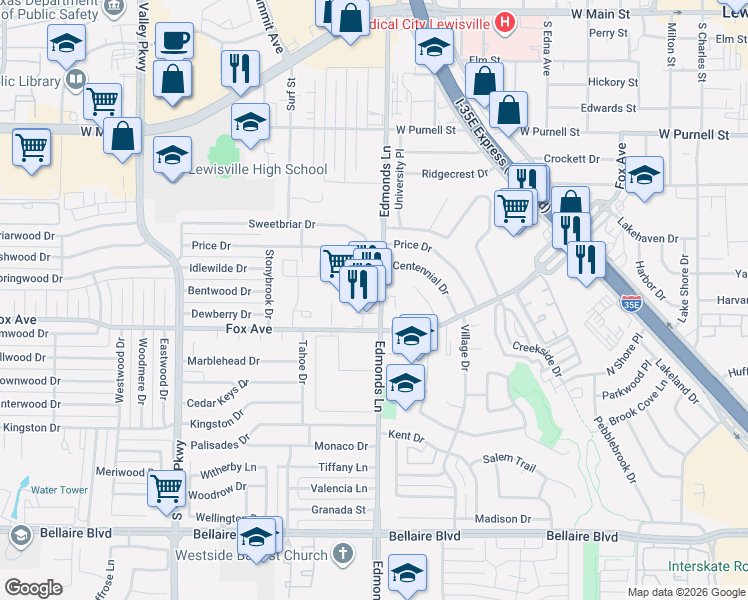 map of restaurants, bars, coffee shops, grocery stores, and more near 1010 South Edmonds Lane in Lewisville