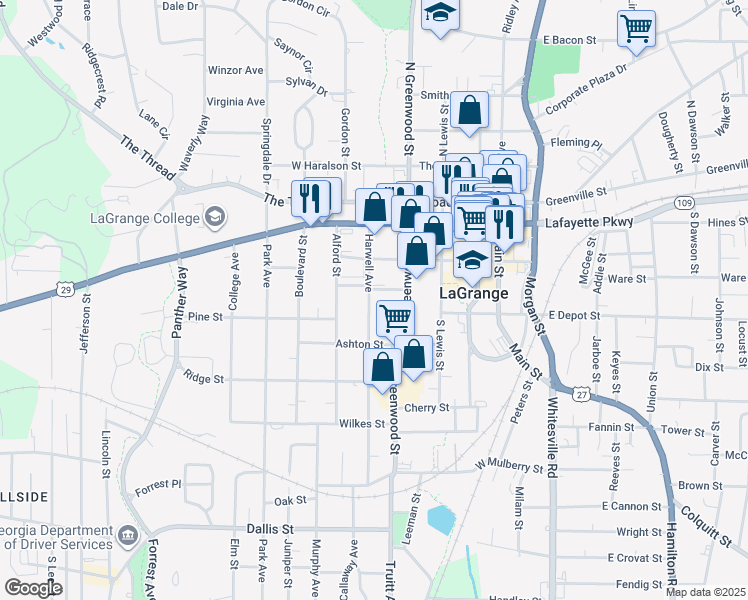 map of restaurants, bars, coffee shops, grocery stores, and more near 303 Harwell Avenue in LaGrange