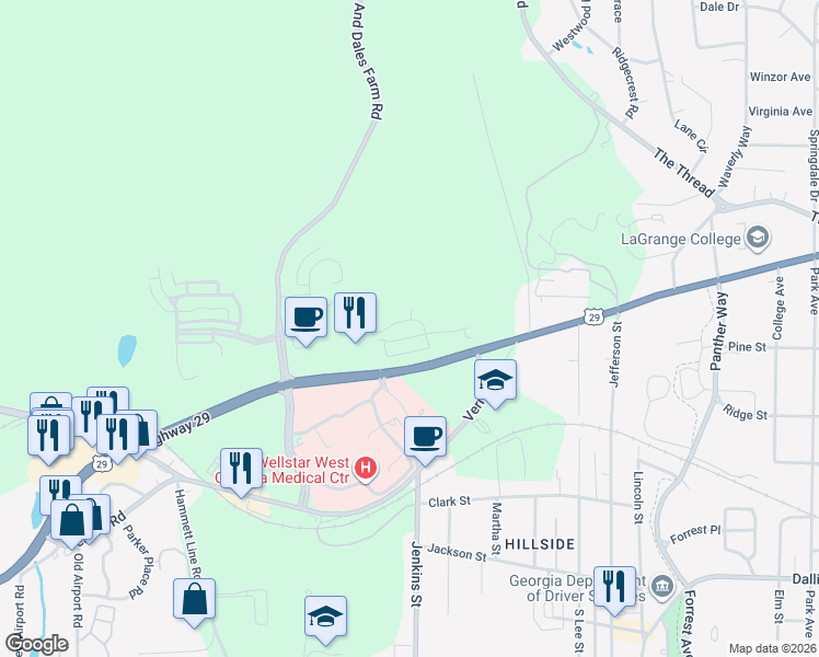 map of restaurants, bars, coffee shops, grocery stores, and more near Vernon Street in LaGrange