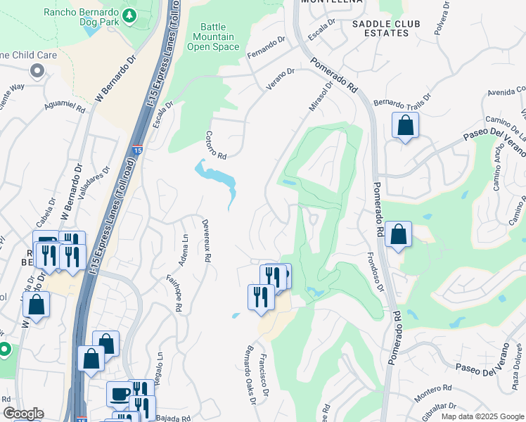 map of restaurants, bars, coffee shops, grocery stores, and more near 17882 Via Gracia in San Diego