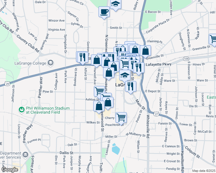 map of restaurants, bars, coffee shops, grocery stores, and more near 403 South Greenwood Street in LaGrange