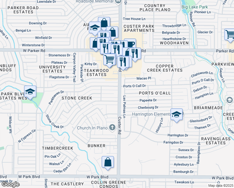 map of restaurants, bars, coffee shops, grocery stores, and more near 2100 Heather Hill Lane in Plano