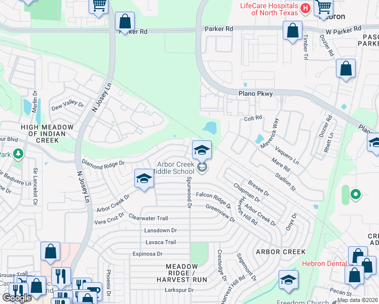 map of restaurants, bars, coffee shops, grocery stores, and more near 4502 Saddlebrook Drive in Carrollton