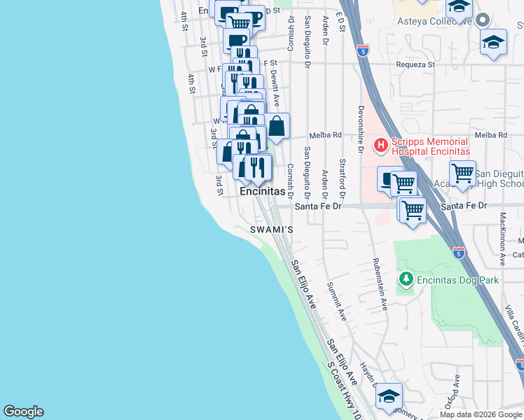 map of restaurants, bars, coffee shops, grocery stores, and more near 1118 Cambria Way in Encinitas
