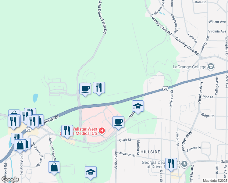 map of restaurants, bars, coffee shops, grocery stores, and more near Vernon Street in LaGrange