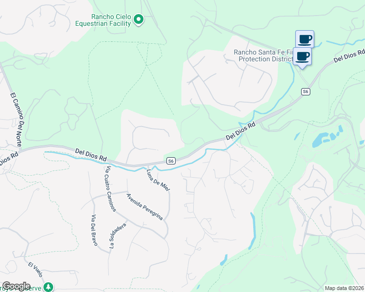 map of restaurants, bars, coffee shops, grocery stores, and more near 7696 Del Dios Road in Rancho Santa Fe