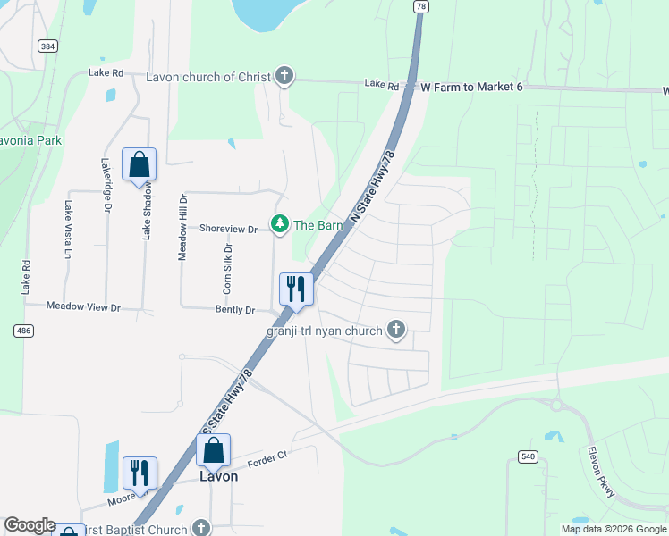map of restaurants, bars, coffee shops, grocery stores, and more near 104 Braves Way in Lavon