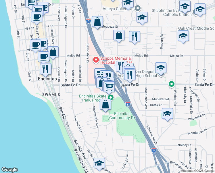map of restaurants, bars, coffee shops, grocery stores, and more near 485 Santa Fe Dr in Encinitas