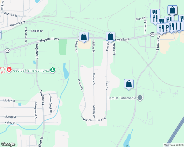 map of restaurants, bars, coffee shops, grocery stores, and more near 134 Mallory Drive in LaGrange