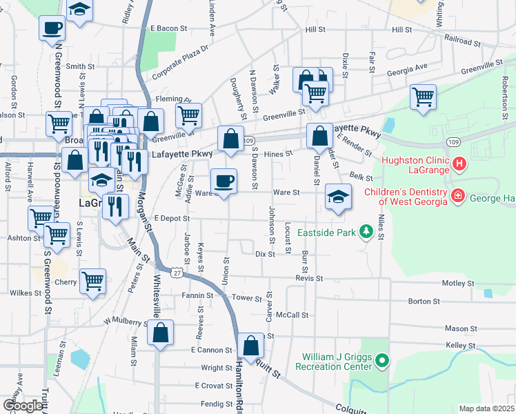 map of restaurants, bars, coffee shops, grocery stores, and more near 214 Wesley Way in LaGrange