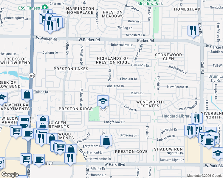 map of restaurants, bars, coffee shops, grocery stores, and more near 2716 Oates Dr in Plano