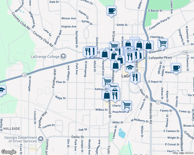 map of restaurants, bars, coffee shops, grocery stores, and more near 305 Alford Street in LaGrange