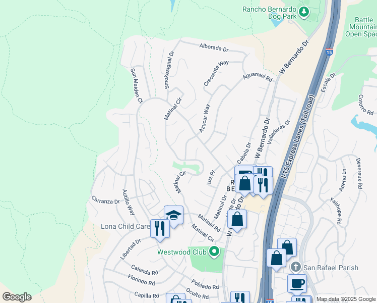 map of restaurants, bars, coffee shops, grocery stores, and more near 17631 Azucar Way in San Diego