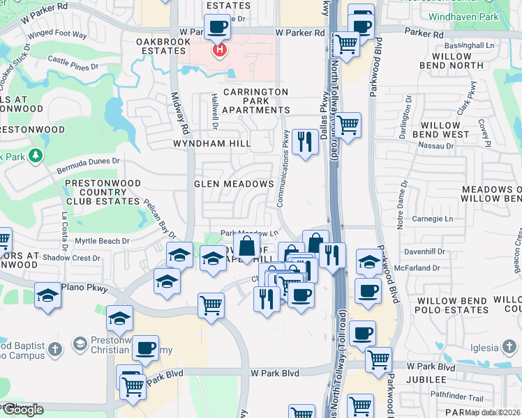 map of restaurants, bars, coffee shops, grocery stores, and more near 2517 Meadow Hills Lane in Plano