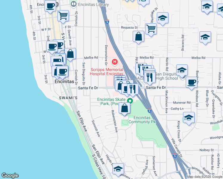 map of restaurants, bars, coffee shops, grocery stores, and more near 303 Santa Fe Drive in Encinitas