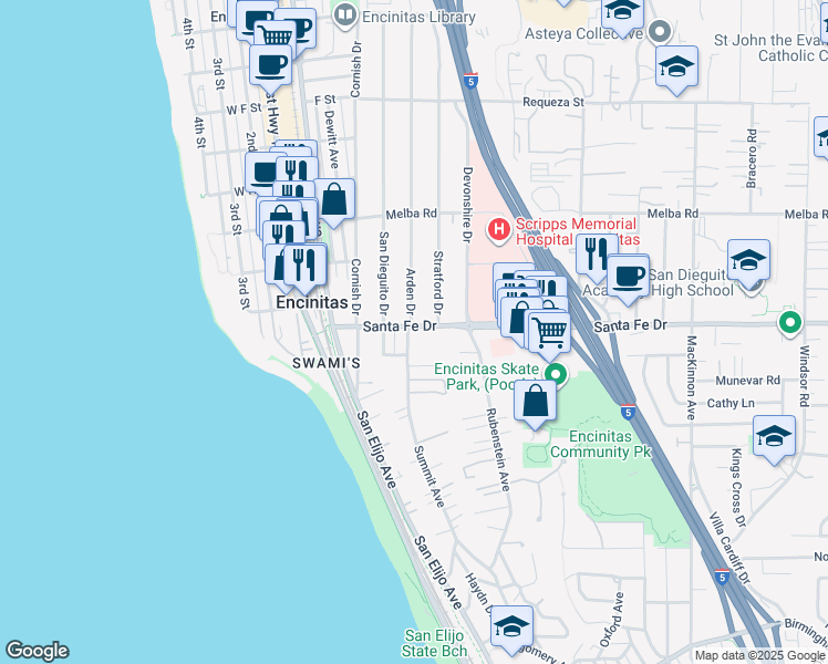 map of restaurants, bars, coffee shops, grocery stores, and more near 1207 Summit Avenue in Encinitas