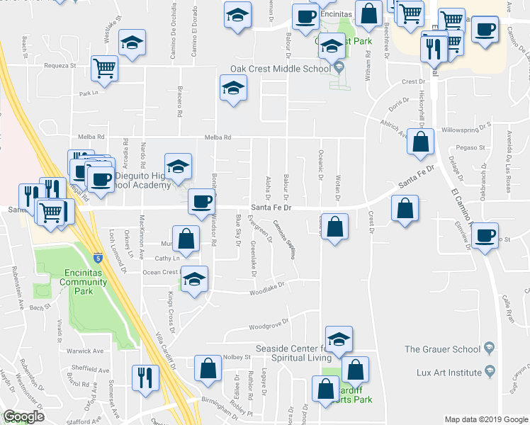 map of restaurants, bars, coffee shops, grocery stores, and more near 1229 Caminito Septimo in Encinitas