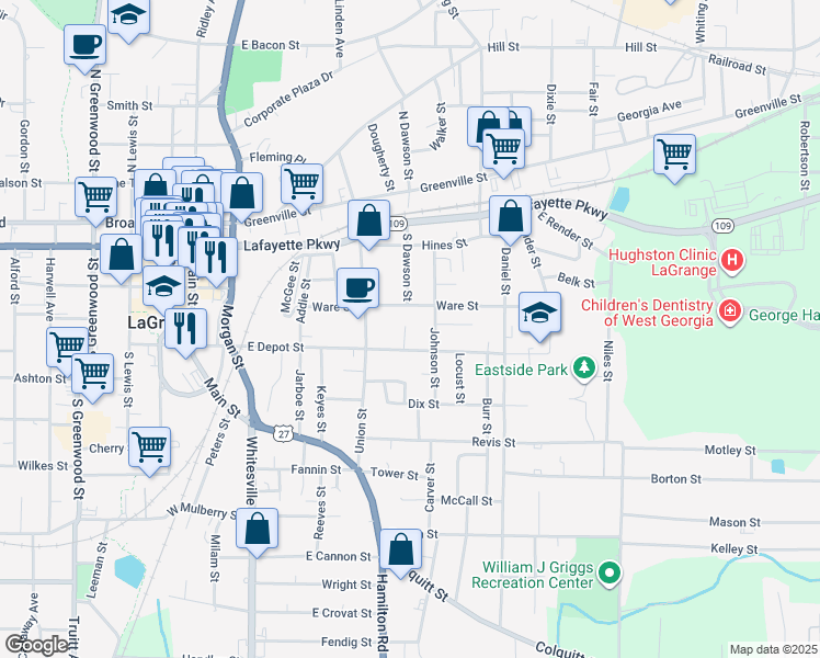 map of restaurants, bars, coffee shops, grocery stores, and more near 214 Wesley Way in LaGrange