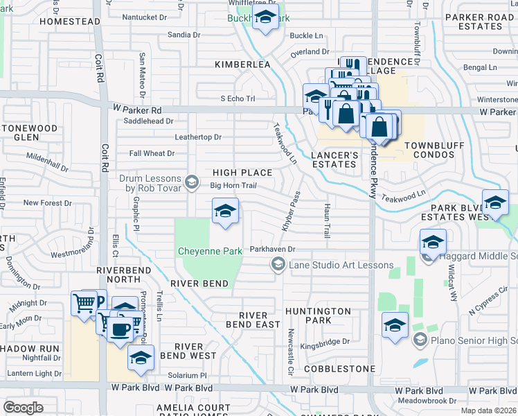 map of restaurants, bars, coffee shops, grocery stores, and more near 3528 Pinehurst Drive in Plano