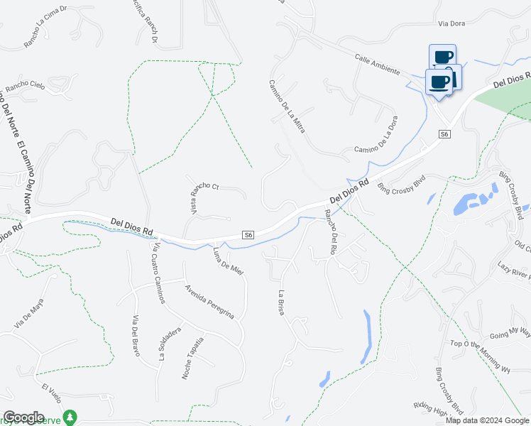 map of restaurants, bars, coffee shops, grocery stores, and more near 7696 Del Dios Road in Rancho Santa Fe