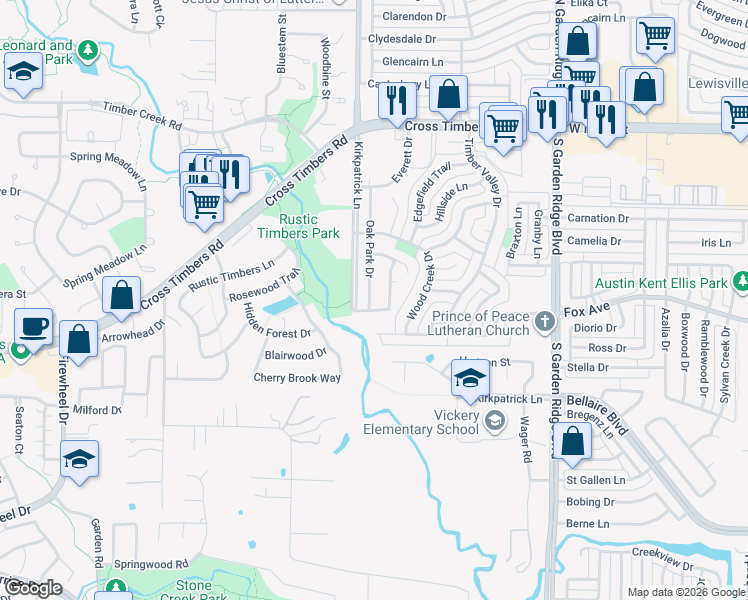 map of restaurants, bars, coffee shops, grocery stores, and more near 3804 Oak Park Drive in Flower Mound