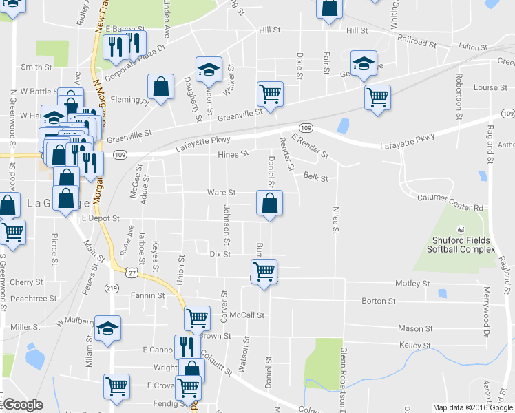 map of restaurants, bars, coffee shops, grocery stores, and more near 119 Burr Street in LaGrange