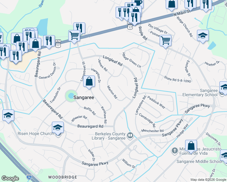 map of restaurants, bars, coffee shops, grocery stores, and more near 120 Marion Road in Summerville