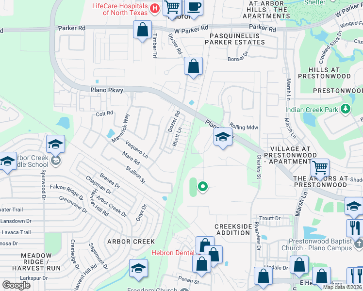 map of restaurants, bars, coffee shops, grocery stores, and more near 4650 Rhett Lane in Carrollton