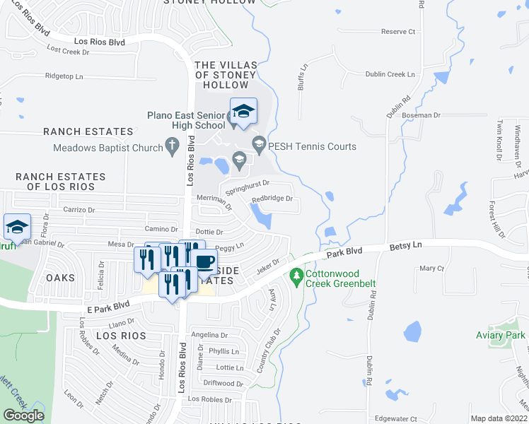 map of restaurants, bars, coffee shops, grocery stores, and more near Rosecliff Drive in Plano