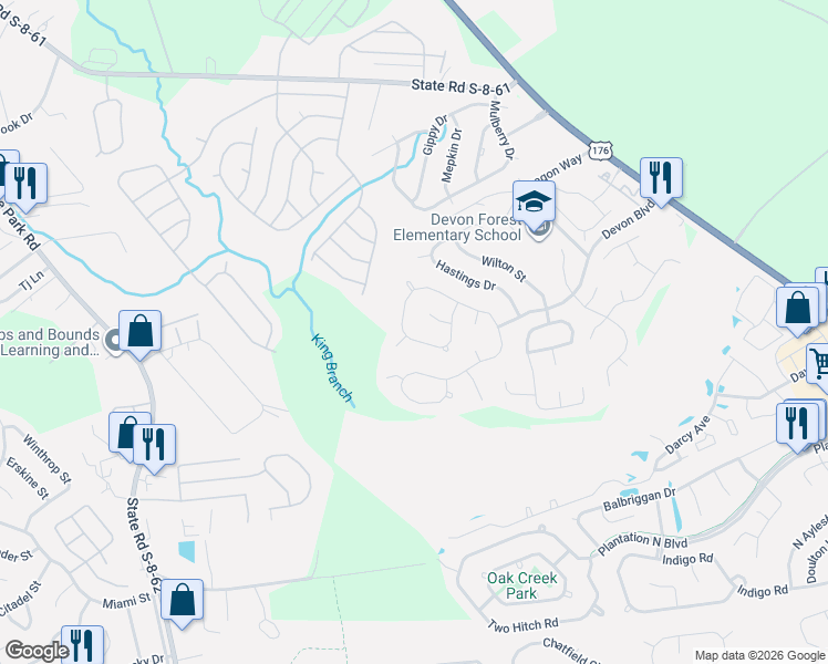 map of restaurants, bars, coffee shops, grocery stores, and more near 257 Okehampton Way in Goose Creek