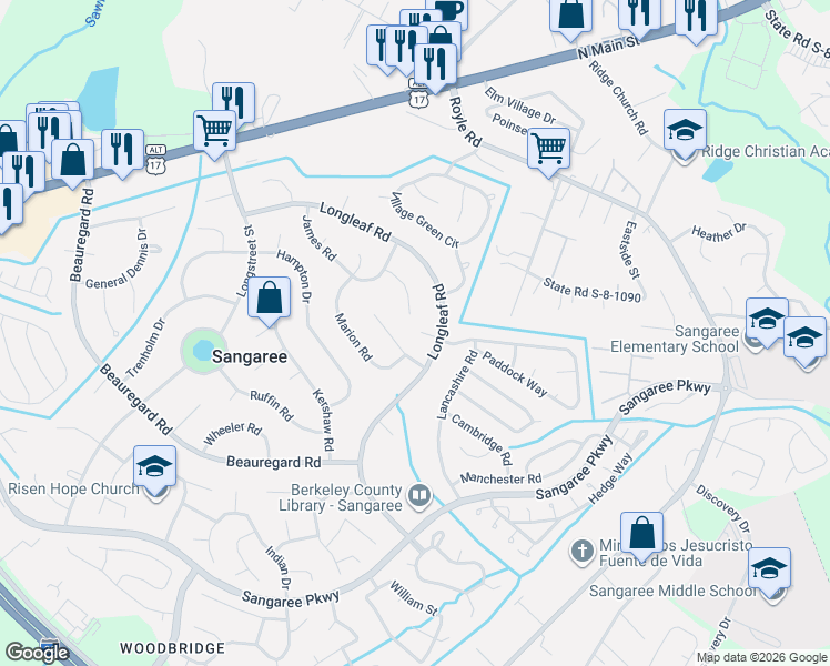 map of restaurants, bars, coffee shops, grocery stores, and more near 410 Longleaf Road in Summerville