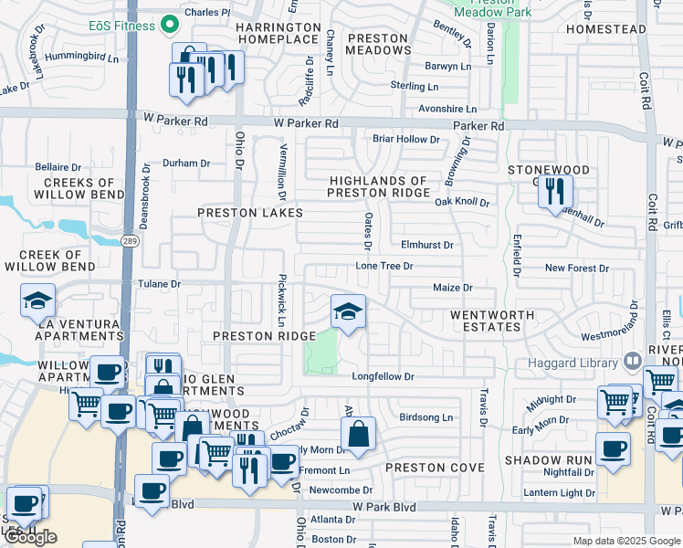 map of restaurants, bars, coffee shops, grocery stores, and more near 2709 Schofield Court in Plano