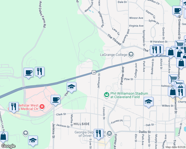 map of restaurants, bars, coffee shops, grocery stores, and more near 1209 Vernon Street in LaGrange