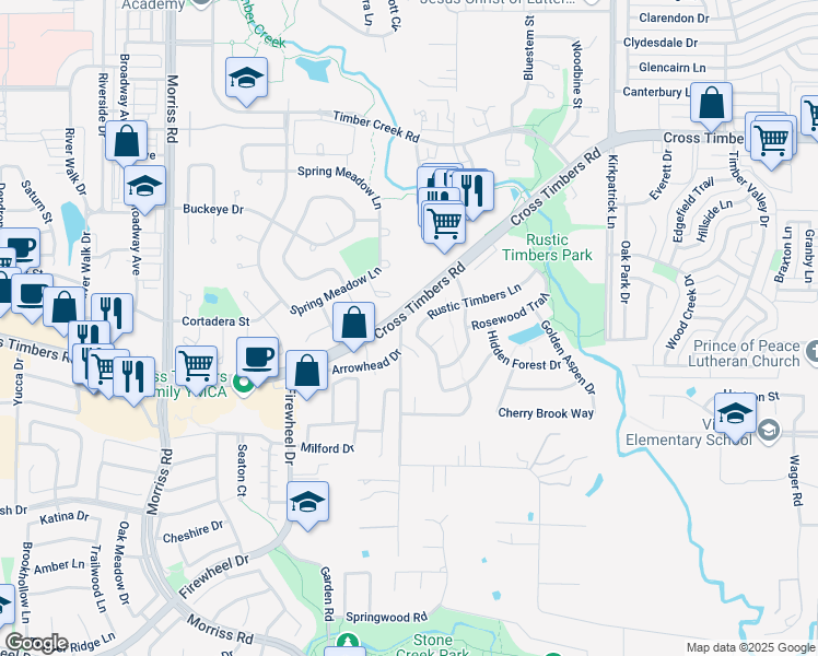 map of restaurants, bars, coffee shops, grocery stores, and more near 1536 Rustic Timbers Lane in Flower Mound
