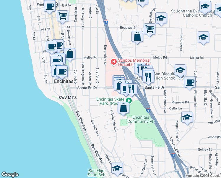 map of restaurants, bars, coffee shops, grocery stores, and more near 303 Santa Fe Drive in Encinitas