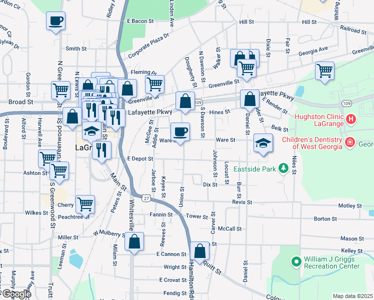 map of restaurants, bars, coffee shops, grocery stores, and more near 206 Union Street in LaGrange