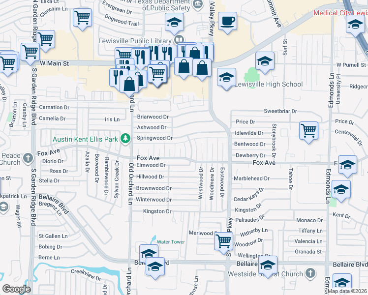 map of restaurants, bars, coffee shops, grocery stores, and more near 125 Lynnwood Pl in Lewisville
