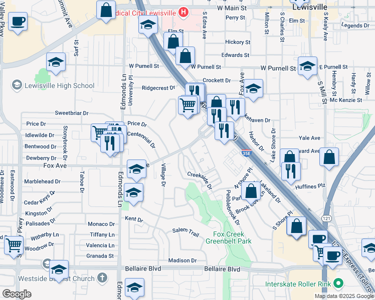 map of restaurants, bars, coffee shops, grocery stores, and more near 801 Summercreek Drive in Lewisville
