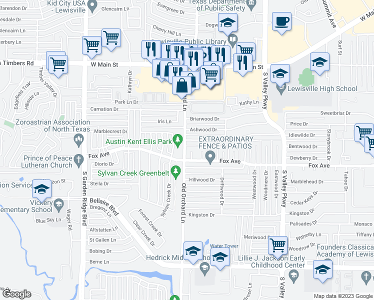 map of restaurants, bars, coffee shops, grocery stores, and more near 126 Redwood Place in Lewisville