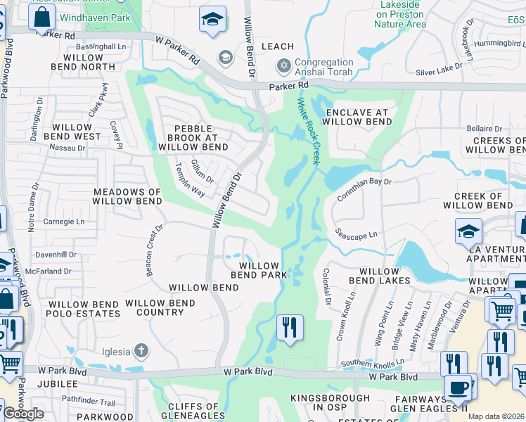 map of restaurants, bars, coffee shops, grocery stores, and more near 5501 Weatherby Lane in Plano