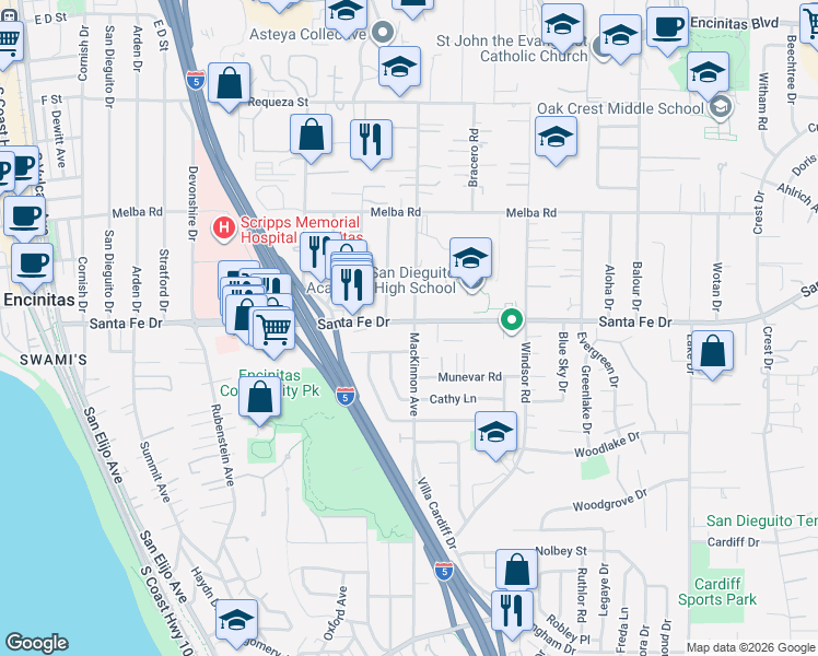 map of restaurants, bars, coffee shops, grocery stores, and more near 677 Santa Fe Drive in Encinitas