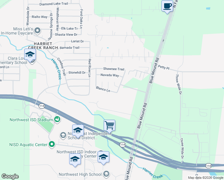 map of restaurants, bars, coffee shops, grocery stores, and more near 2109 Blanco Lane in Justin
